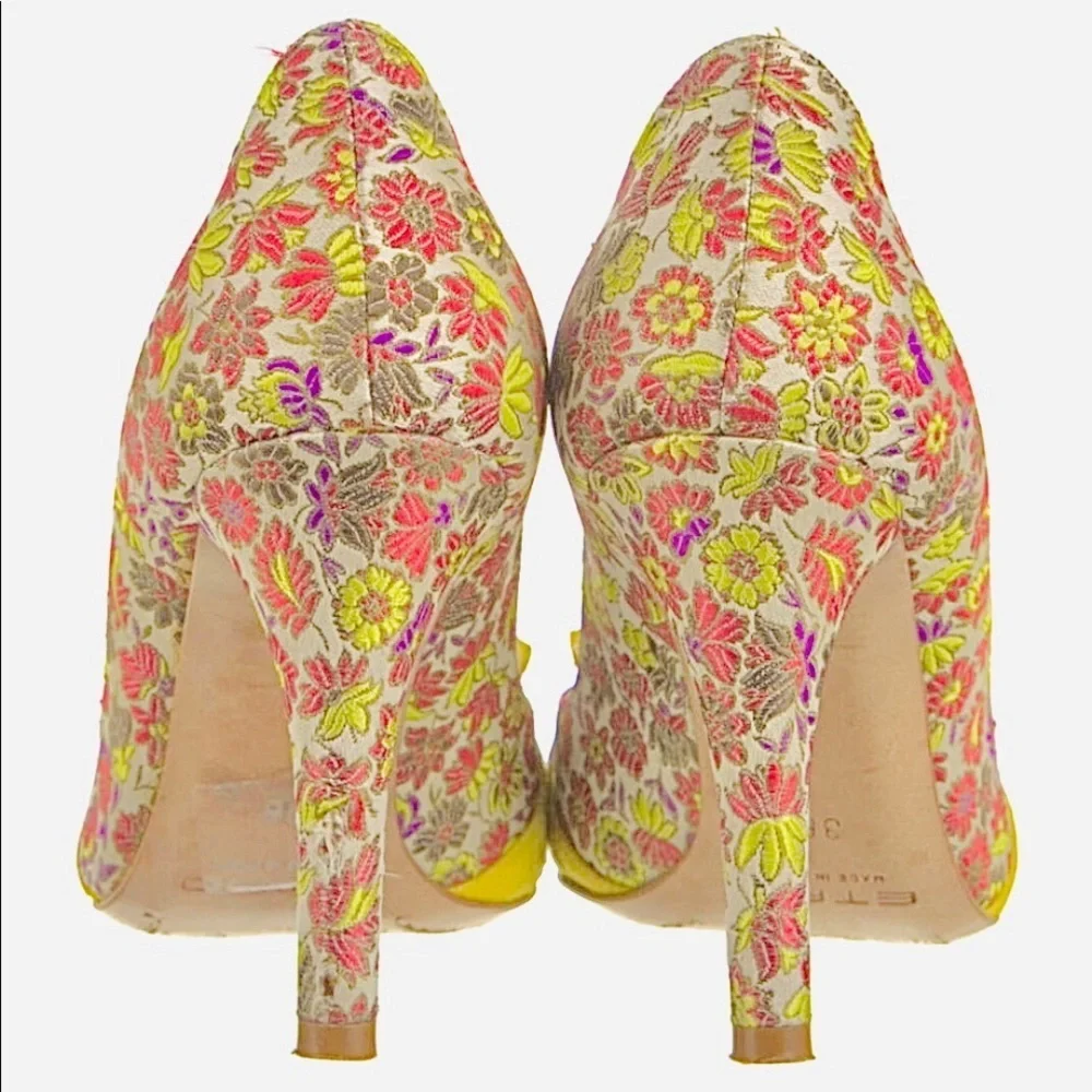 Etro Retro pink & Yellow Peep-Toe Shoes Ruffles & Bows 6